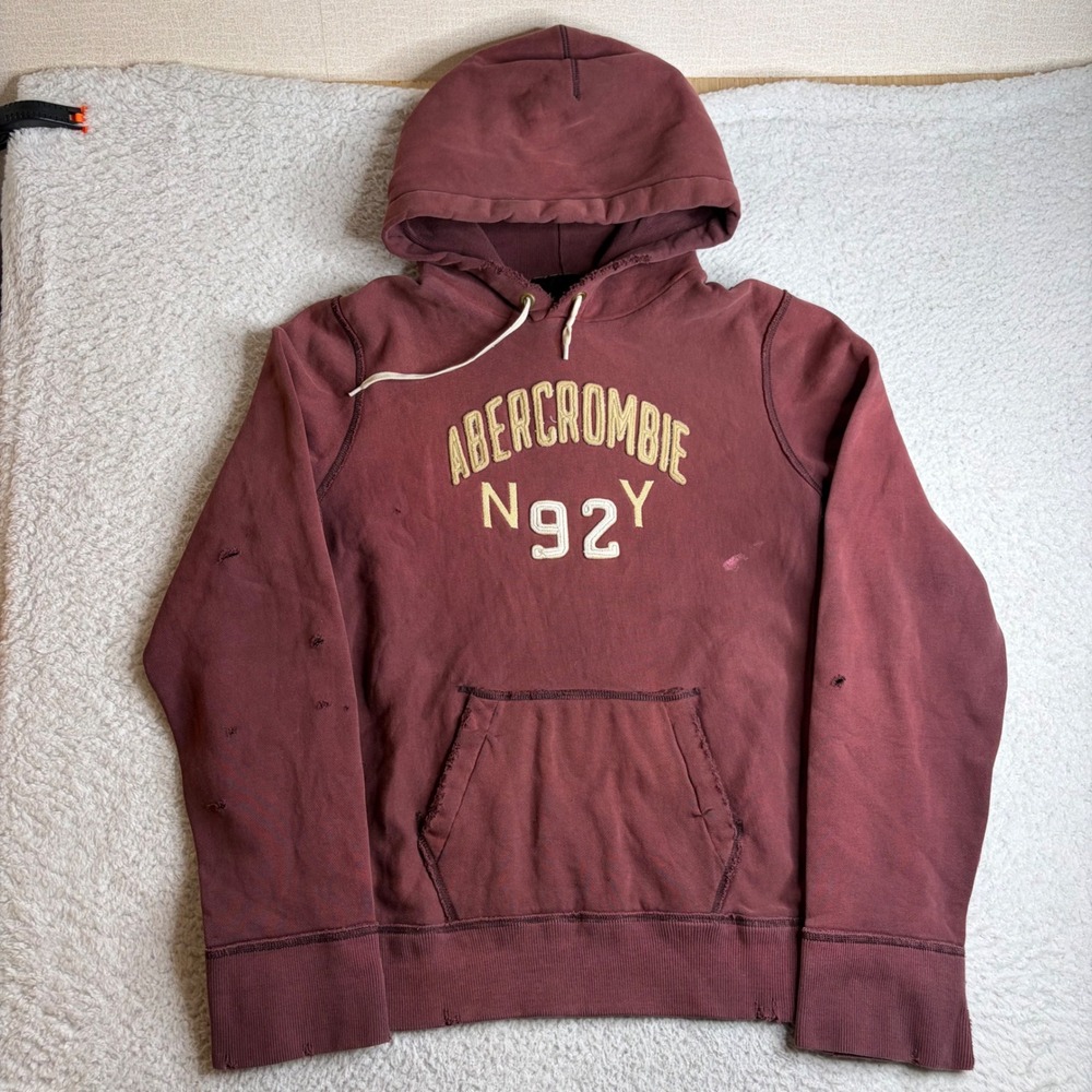 Abercrombie & Fitch Mens XL Hoodie Burgundy Maroon Distressed Vintage NY 92